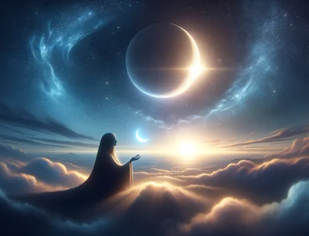 Maan in de wolken met een vrouw, het geheel heeft een spiritueel tintje.