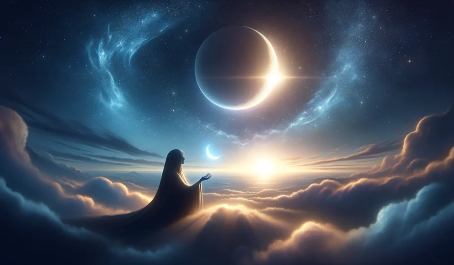 Maan in de wolken met een vrouw, het geheel heeft een spiritueel tintje.