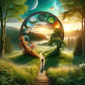 Symbolische weergave van het begin van een spirituele reis in de natuur, met een pad door een weelderig bos en zachte zonnestralen die door de bomen schijnen, uitnodigend tot reflectie op de verbinding met de natuur en ecospiritualiteit.