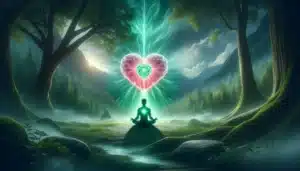Persoon zittend in meditatieve houding met focus op het hartchakra, omgeven door serene natuur en stralend groen of roze licht.