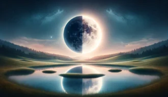 Een serene, horizontale afbeelding van een maansverduistering in Weegschaal met een nachtelijke hemel, een deels verduisterde maan die zachtjes schijnt over een landschap verdeeld in een kalme meerhelft die het maanlicht reflecteert en een vredige weidehelft, beide in perfecte harmonie.