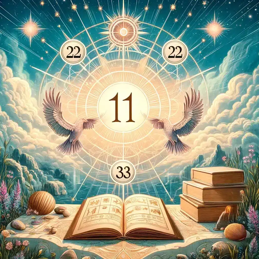 Inspirerende illustratie van de meestergetallen 11, 22 en 33 in numerologie. De afbeelding toont de getallen 11, 22 en 33, elk omgeven door symbolen die spirituele verlichting, meesterlijkheid en dienstbaarheid aan de mensheid vertegenwoordigen, zoals een open boek voor wijsheid, een ster voor uitmuntendheid en een hand die helpt voor dienstbaarheid. De achtergrond is een serene mix van zachte, lichtgevende kleuren die de verheven spirituele sfeer van de meestergetallen benadrukken.