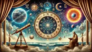 Een horizontale afbeelding met een spirituele vibe die het verschil tussen astrologie en astronomie illustreert. Links symboliseert astrologie met sterrenbeelden en horoscopen in een mystieke sfeer. Rechts toont astronomie met een telescoop gericht op sterren en planeten in een wetenschappelijke setting. In het midden is er een subtiele overgang die de verbinding tussen de twee werelden benadrukt.