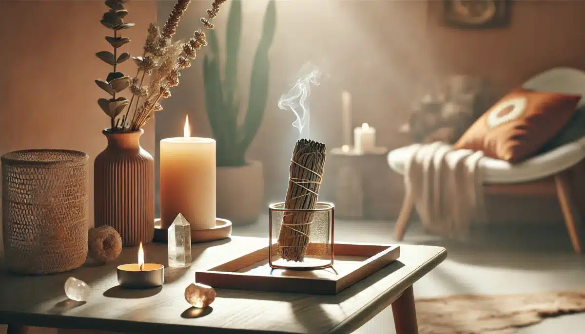 Serene en spirituele interieur ruimte met brandende salie in een houder, kaarsen en kristallen, die een gevoel van rust en energetische zuivering voor de herfst uitstraalt.