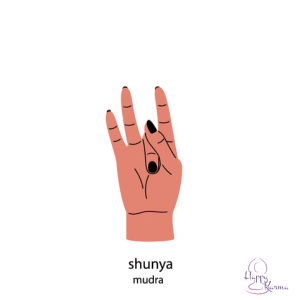 Een illustratie van een hand in de shunya mudra, waarbij de middelvinger is gebogen en door de duim naar de handpalm wordt gedrukt, terwijl de andere vingers gestrekt blijven.