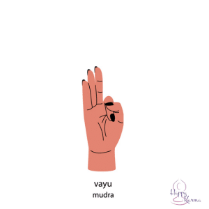 Een illustratie van een hand in de vayu mudra, waarbij de wijsvinger is gebogen en door de duim naar de handpalm wordt gedrukt, terwijl de andere vingers gestrekt blijven.