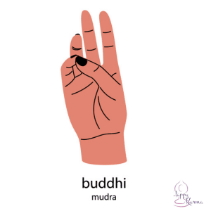 Een illustratie van een hand in de buddhi mudra, waarbij de top van de duim en de pink elkaar aanraken terwijl de andere vingers gestrekt blijven.