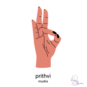  Een illustratie van een hand in de prithvi mudra, waarbij de top van de duim en ringvinger elkaar aanraken, terwijl de andere vingers recht blijven.