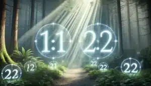 Mystieke bosomgeving met zwevende, lichtgevende getallen '11:11' en '22:22' die synchroniciteit en spirituele leiding symboliseren, omgeven door zacht licht en groene natuur.