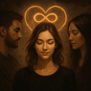 Een serene, spirituele scène met zachte lichtstralen, die vrijheid, verbinding en liefde symboliseert. De afbeelding toont stromende energie die de essentie van relatie anarchie en persoonlijke ruimte vertegenwoordigt, wat een kalme en harmonieuze sfeer creëert.