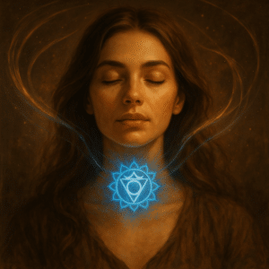 Een digitale schildering van een vrouw met lange kastanjebruine haren, haar ogen gesloten, terwijl een stralend blauw Vishuddha chakra-symbool helder op haar keel uitstraalt. Het beeld heeft een warme, sfeervolle uitstraling met een gouden gloed die de energie van de chakra benadrukt, in een achtergrond van aardse en kosmische tonen.