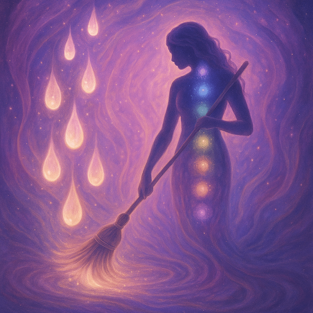 Tranen als energetische schoonmaak Dromerige spirituele illustratie van een vrouwelijk silhouet met verlichte chakraâs langs haar ruggengraat. Ze veegt zacht gloeiende tranen weg met een energetische bezem in een kosmisch paars energieveld vol stromende lichtgolven en sterren.