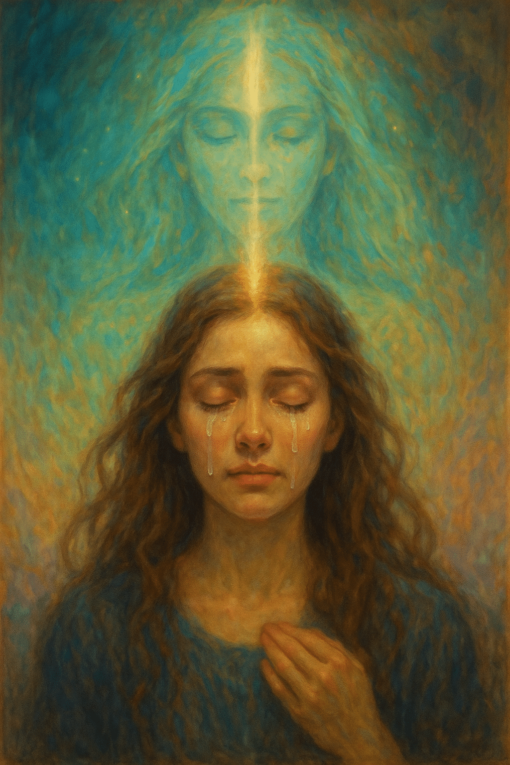 Wanneer jouw tranen niet van jou zijn Spirituele illustratie van een jonge vrouw met gesloten ogen en tranen op haar wangen, terwijl een lichtstraal haar verbindt met een etherisch, stralend figuur achter haar. De sfeer is sereen en energetisch, en toont hoe tranen door haar heen stromen als kanaal voor heling van een ander.