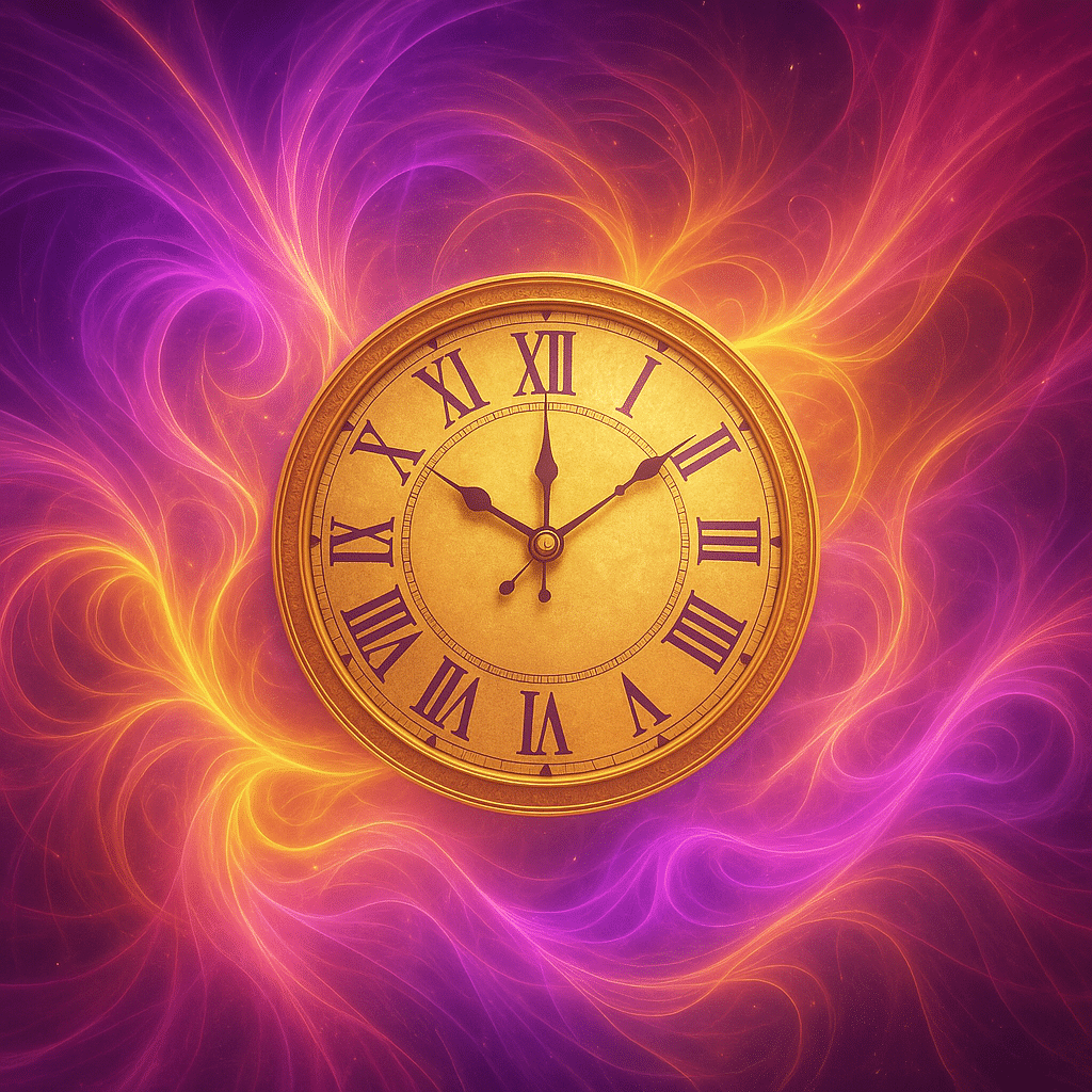 Digitale illustratie van een sierlijke klok met een spirituele uitstraling. De klok zweeft in een dromerige, paarse en roze sfeer, omringd door vloeiende energiestromen en lichtgevende patronen, die het gevoel van tijd als een vloeiende, kosmische kracht uitbeelden.