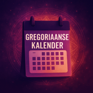 Digitale illustratie van een Gregoriaanse kalender met spirituele sfeer, omgeven door paarse, roze en rode kosmische tinten en een mandala-achtig patroon op de achtergrond.