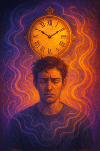 Digitale schildering van een verward persoon die recht kijkt naar een vervormde klok, omringd door een aura vol chaotische kleuren. De sfeer is mystiek en surrealistisch, met energetische golven die uit balans lijken, als symbool voor de verwarring door ons onnatuurlijke tijdssysteem.