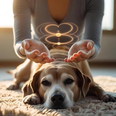Reiki voor dieren 💖 Reiki voor dieren, vrouw die een hond een reiki behandeling geeft