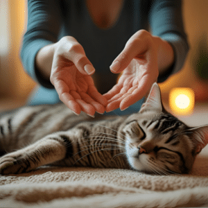 Vrouw die reiki geeft aan een kat die er ontspannen bijl igt.
