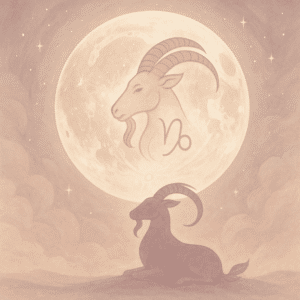 Illustratie van een volle maan in zachte pastelkleuren, met het symbool van de steenbok erin verwerkt. Op de voorgrond zit een kalme steenbok in een spirituele, dromerige omgeving met sterren en wolken op de achtergrond.