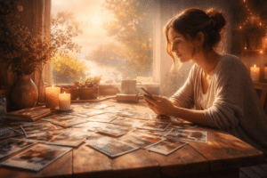 Vrouw zit bij kaarslicht aan een houten tafel vol foto’s en kijkt nadenkend naar haar telefoon, warme spirituele sfeer rond herinneringen en reflectie