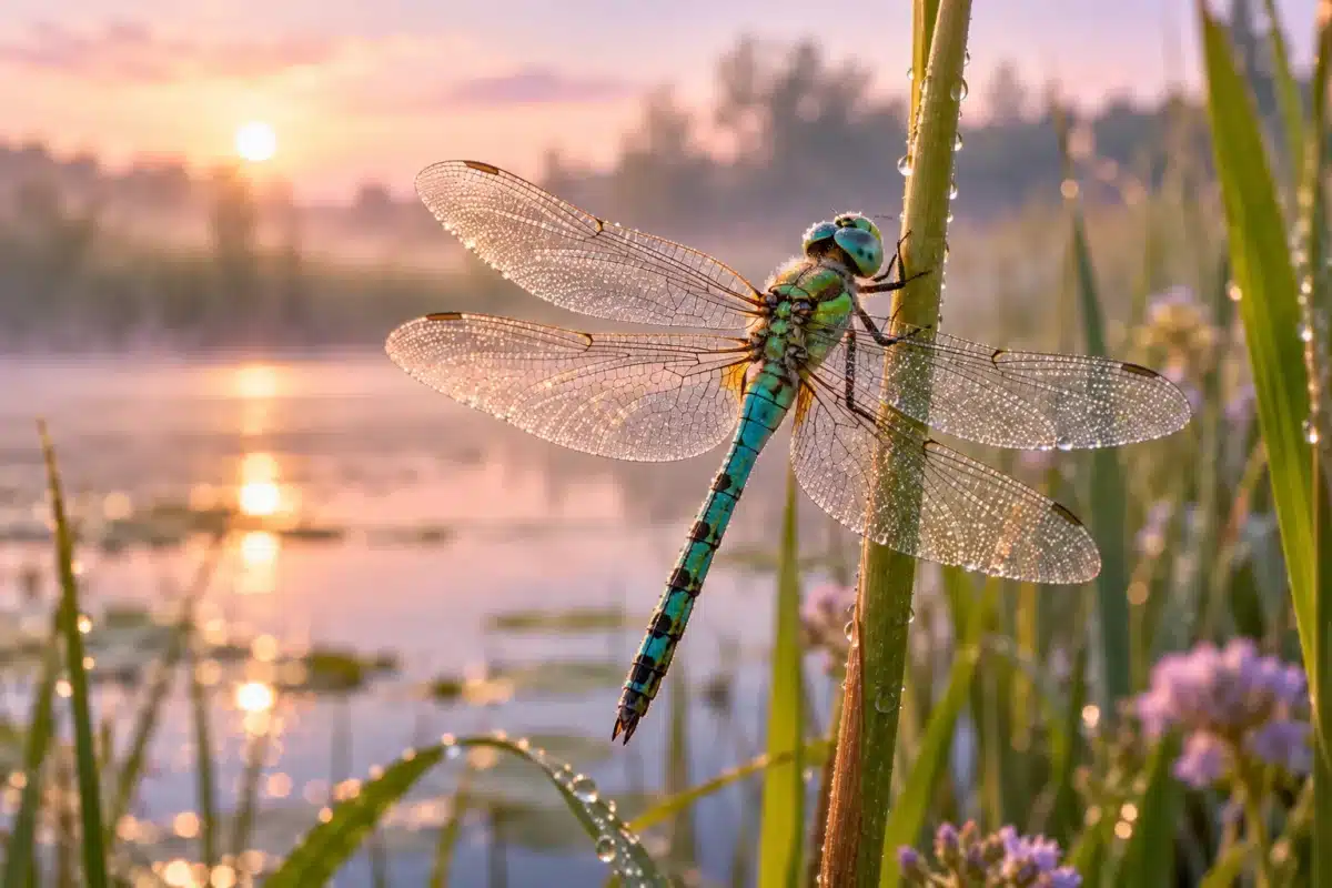 Turquoise libel met transparante vleugels op een rietstengel in warm ochtendlicht