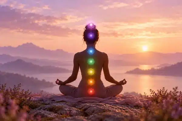Symbolische meditatiefiguur met zeven gekleurde chakrapunten