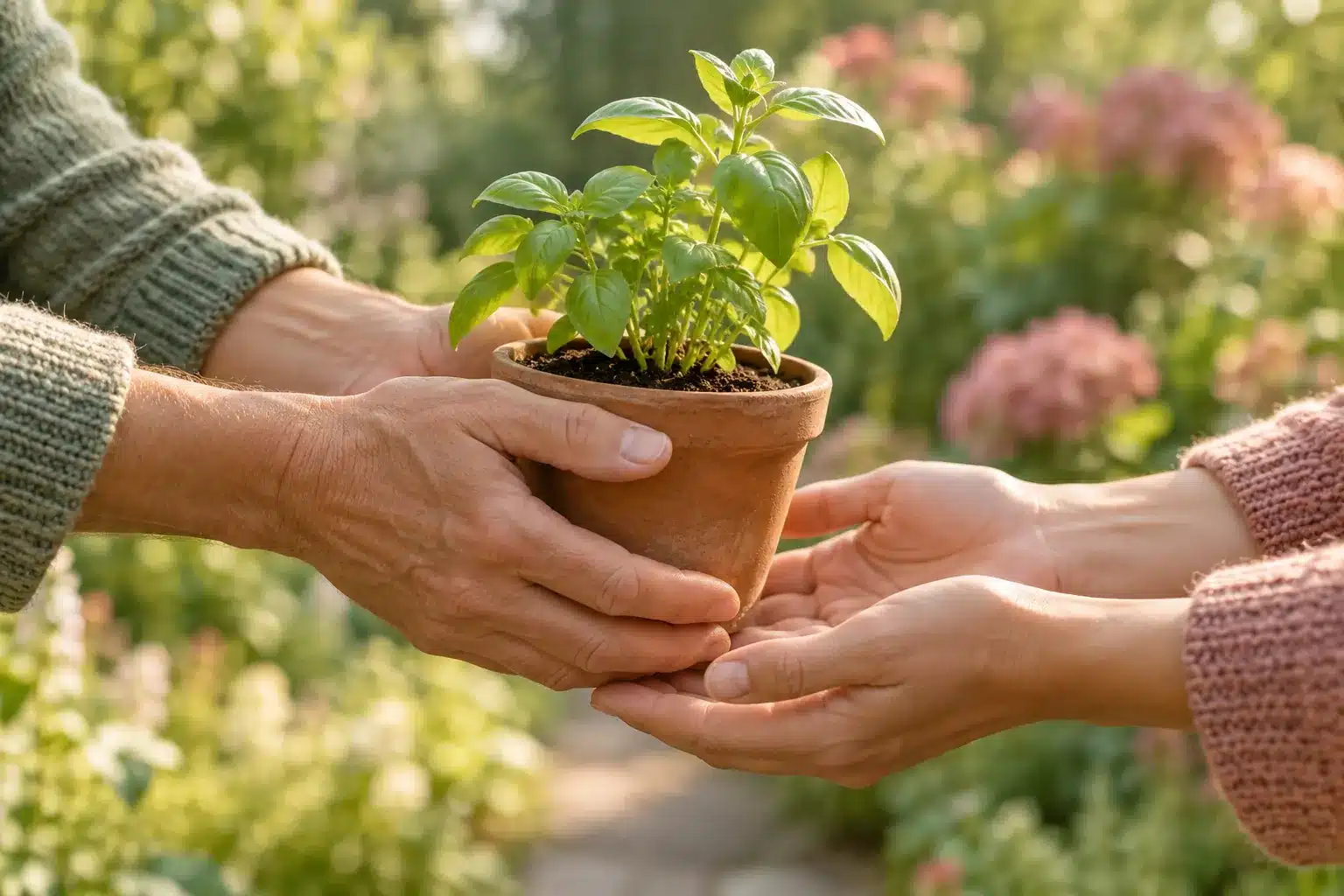 Twee mensen geven een jonge groene plant in een terracotta pot aan elkaar