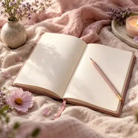 Open dagboek met potlood en bloemen op zacht roze linnen