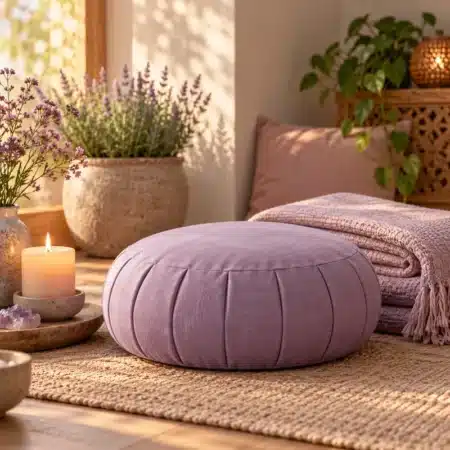 Lila meditatiekussen met een zachte deken en kaarslicht