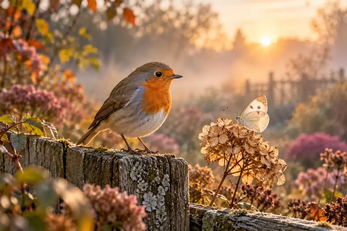 Een roodborstje en een vlinder in een herfsttuin met warm ochtendlicht